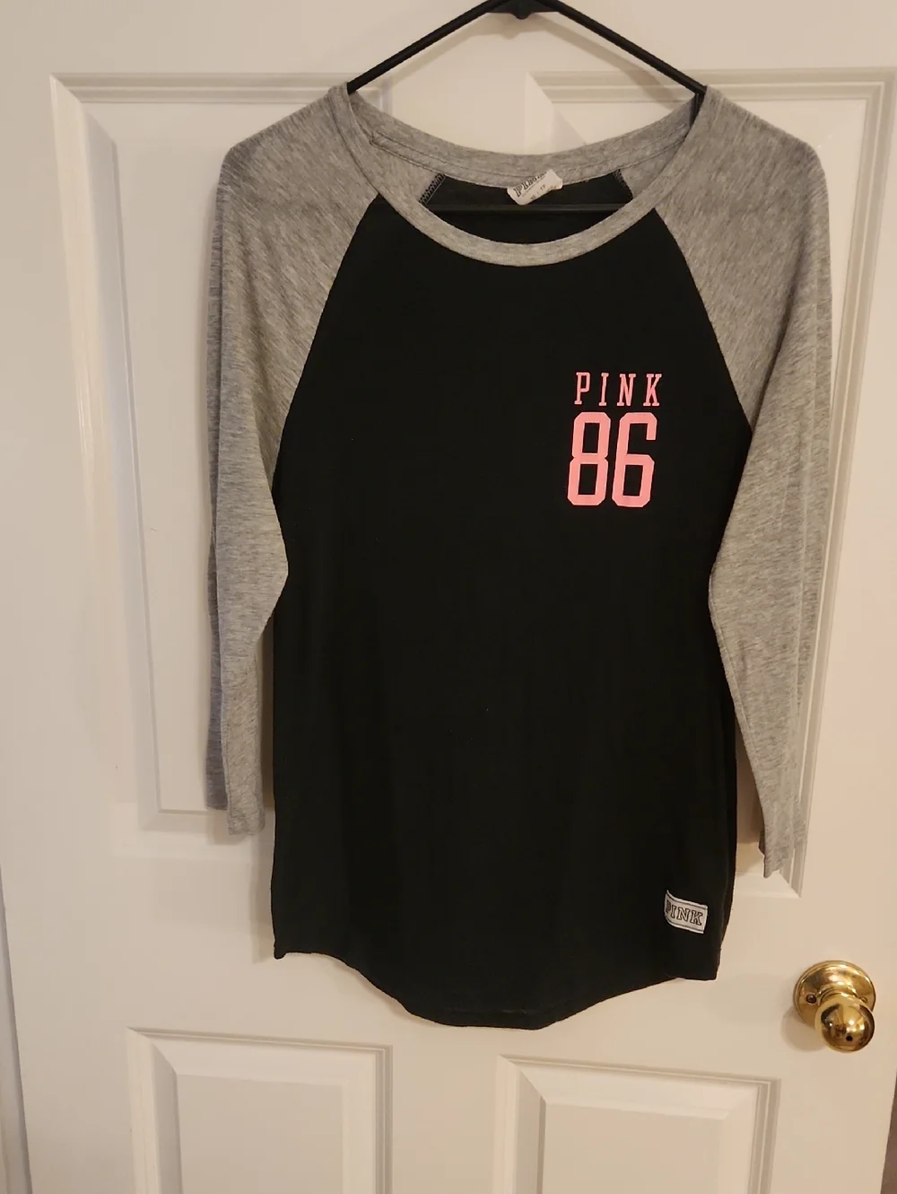 PINK Victoria's Secret Black & Gray Raglan Tee with Pink '86' Graphic - Picture 1 of 2